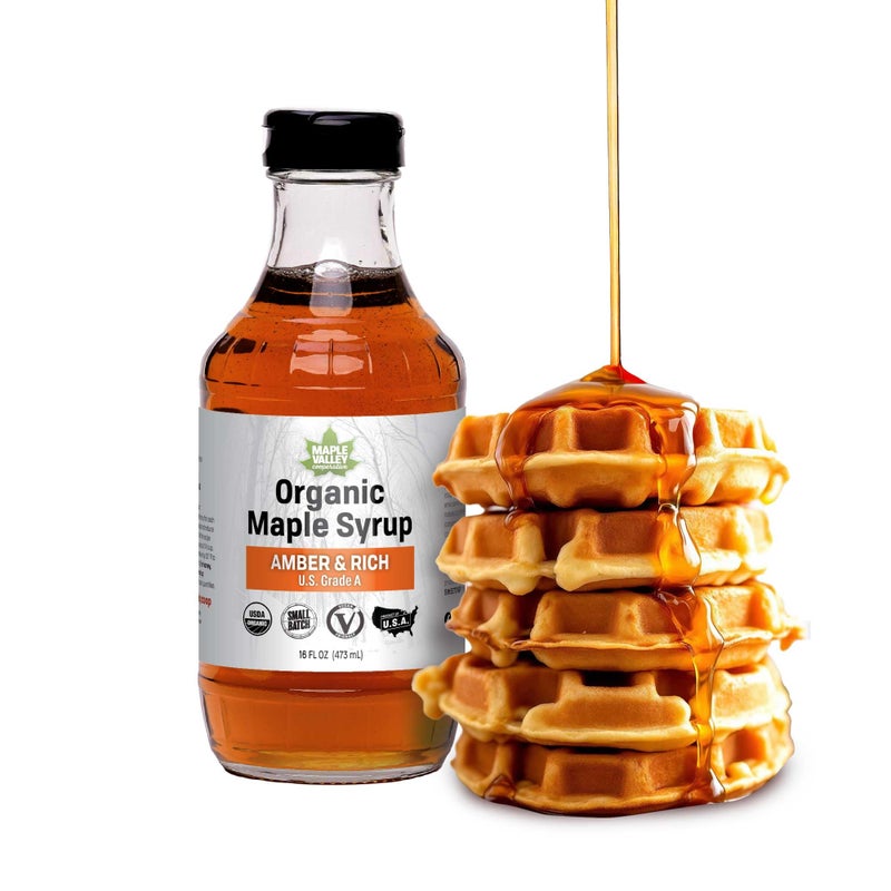 Maple Valley Organic Pure Maple Syrup, Amber & Rich, Better Than Pancake Syrup, Use for Coffee or All-Natural Sugar Substitute in Cooking and Baking (16oz Glass Bottle) - Image 1